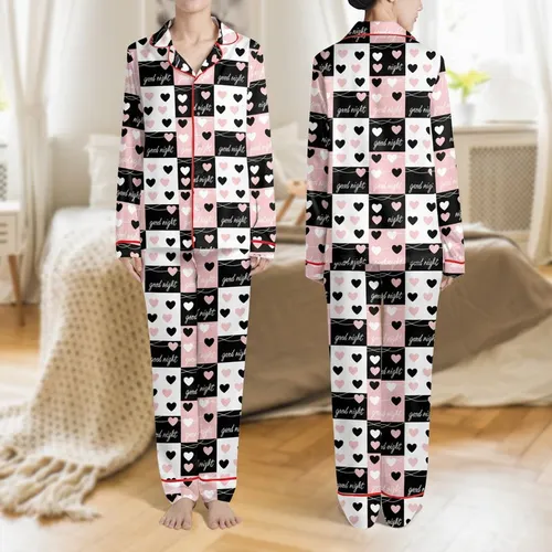 Women's Cute Light Pink Black White Grid Block Pattern with Hearts and Good Night Script Satin Pajamas Set