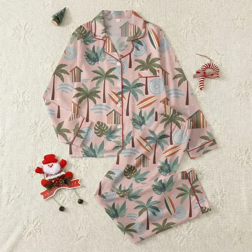 Women's Blush Pink Hand-Drawn Vintage Tropical Resort: Olive Palms, Teal Waves, Terracotta Surfboards Satin Pajamas Set