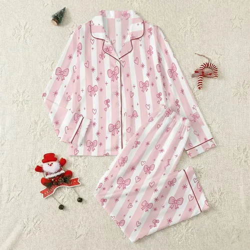 Women's Soft Pastel Pink White Striped Fuchsia Bow Heart Starburst Pattern Satin Pajamas Set