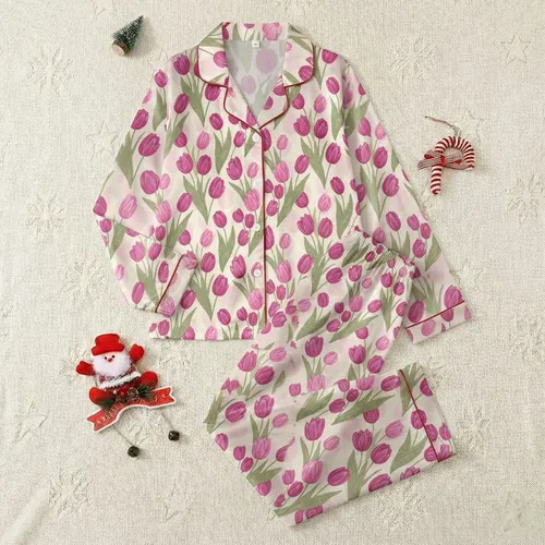 Women's Hand-Drawn Magenta Fuchsia Tulip Muted Green Cream Yellow Watercolor Pattern Satin Pajamas Set