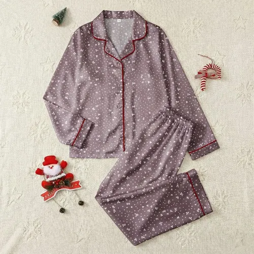 Women's Muted Mauve Pink Minimalist Flat White Bow Heart Star Pattern Satin Pajamas Set