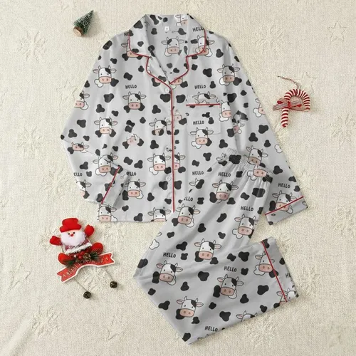 Women's Whimsical Cartoon Cow Faces Black Spots Light Grey Pink Hello Pattern Satin Pajamas Set