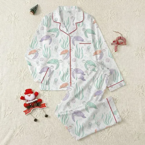 Women's Whimsical Watercolor Pastel Lavender Teal Sea Turtle Ocean Scene Satin Pajamas Set