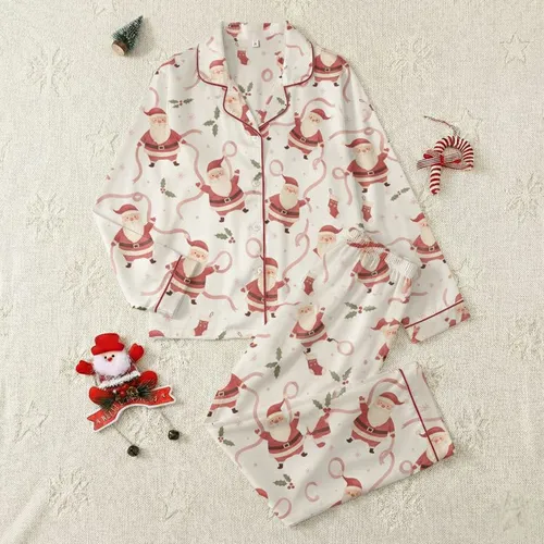 Women's Whimsical Watercolor Santa Claus, Holly, Stocking & Snowflake Pattern in Cranberry Red, Cream & Rose Pink Satin Pajamas Set