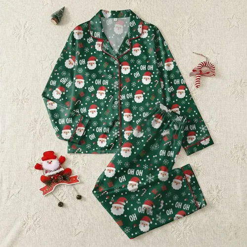 Women's Cheerful Deep Forest Green Christmas Pattern with White Santa Heads, Snowflakes, Candy Canes, Gift Boxes & 'OH OH OH' Text Satin Pajamas Set