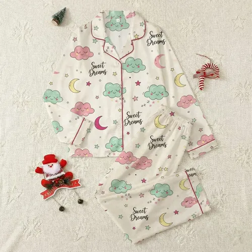 Women's Seamless Cute Sleeping Clouds Mint Green Pink Fuchsia Stars Crescent Moons on Pale Cream, Black 'Sweet Dreams' Script Satin Pajamas Set