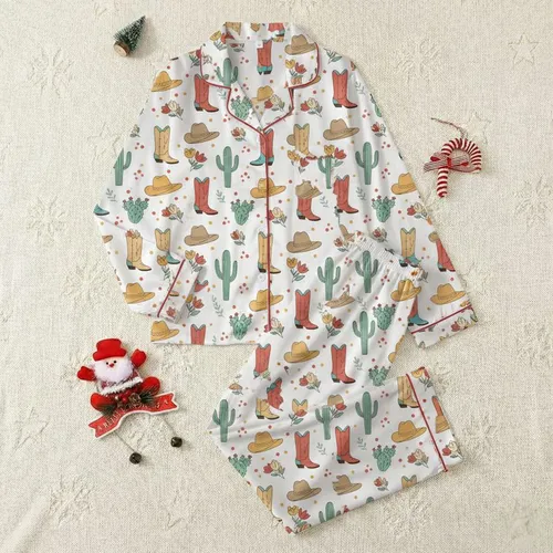 Women's Whimsical Western Rust Boots, Tan Hats, Teal Cacti & Coral Flowers Pattern Satin Pajamas Set