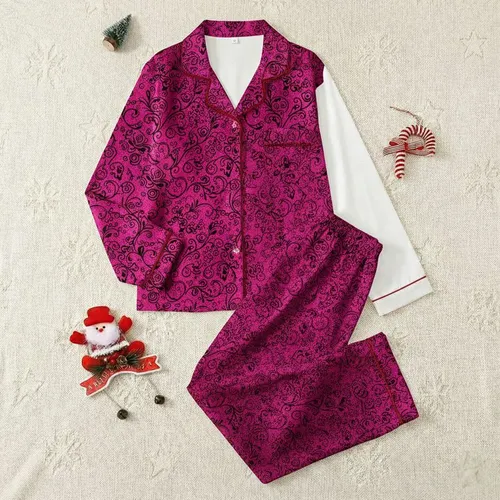 Women's Elegant Fuchsia Black Lace Filigree Floral Motif Swirling Tendrils Pattern Satin Pajamas Set