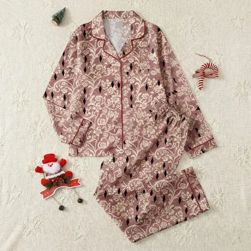 Women's Intricate Vintage Floral Lace Pattern Ecru on Dusty Rose Pink with Black Accents Seamless Vector Art Design Satin Pajamas Set