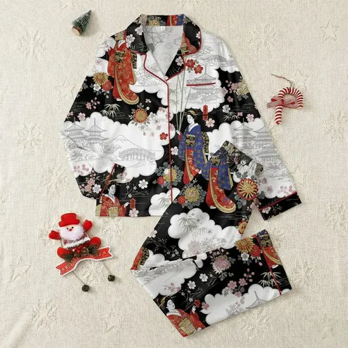 Women's Japanese Ukiyo-e Geisha, Cherry Blossom & Pagoda Art Print in Red, Gold, Blue, Black & White Satin Pajamas Set