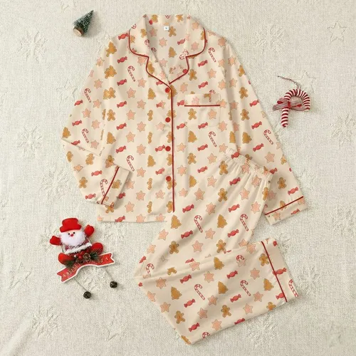 Women's Cream Background Playful Holiday Sweets Red White Candy Cane Gingerbread Star Cookie Motif Satin Pajamas Set