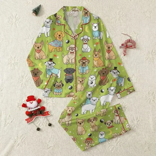 Dog Lovers' Energetic Lime Green Cartoon Dogs with Quirky Outfits & Whimsical Elements Satin Pajamas Set