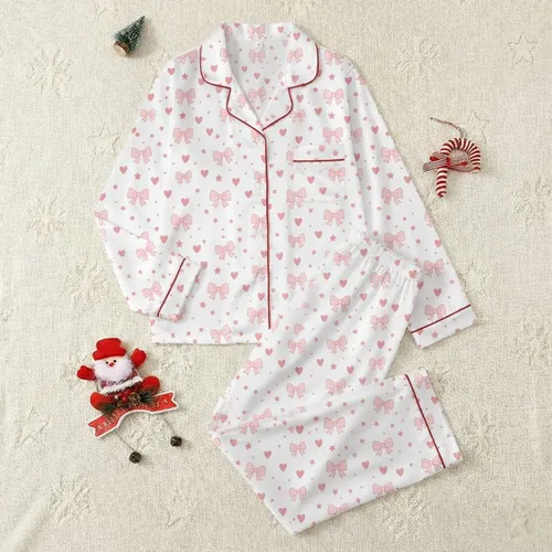 Women's Cute Illustrative Pure White, Soft Pink Bows, Vibrant Hearts, Tiny Stars Scattered Pattern Satin Pajamas Set
