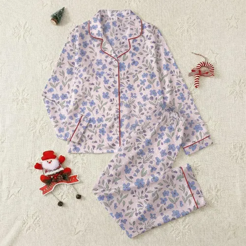 Women's Muted Pastel Pink Vintage Illustrative Meadow Floral with Periwinkle Blue Blossoms, Dark Purple Buds, Green-Grey Foliage & Tiny White Dots Satin Pajamas Set