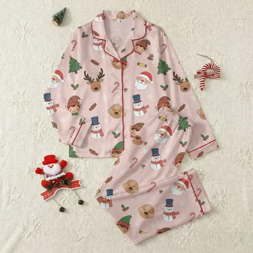 Women's Soft Pink Whimsical Christmas Santa Reindeer Gingerbread Elf Snowman Scattered Pattern Satin Pajamas Set
