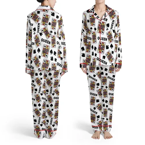 Women's Graphic Flat Queen of Spades Playing Card Pattern Black Red Blue Yellow Dynamic Spade Symbols QUEEN Text Satin Pajamas Set