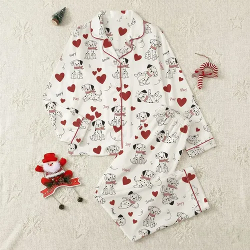 Women's Creamy Off-White Playful Dalmatian Puppies, Dark Red Hearts & Script Text Design Satin Pajamas Set