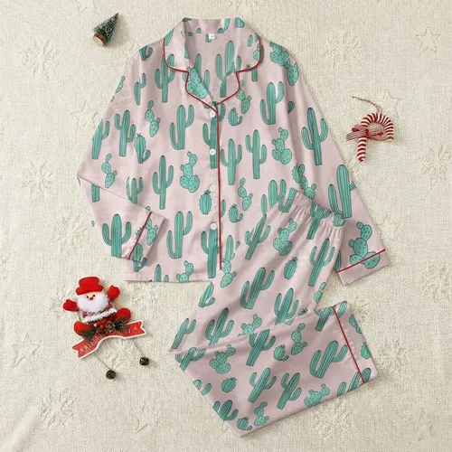 Women's Playful Pastel Pink Desert Motif Teal Turquoise Cactus Seamless Pattern Satin Pajamas Set