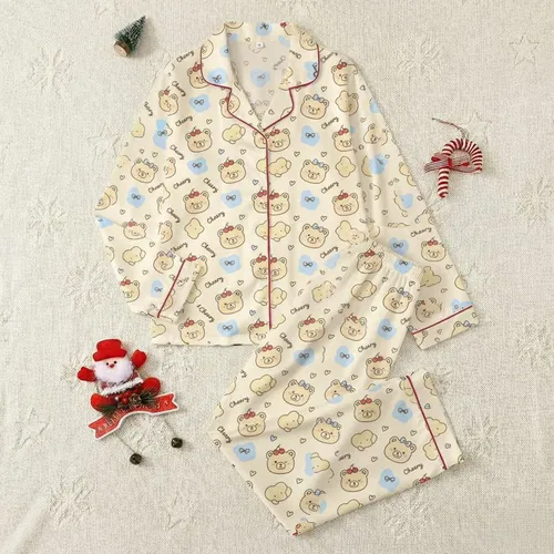 Women's Sweet Creamy Yellow Hand-Drawn Bear Faces, Red Cherries, Blue Bows, Pastel Clouds & Hearts Art Satin Pajamas Set