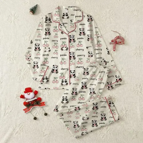 Women's Playful Cartoon Panda Pink Cherry Cream Black Green Hand-Drawn Scatter Design Satin Pajamas Set