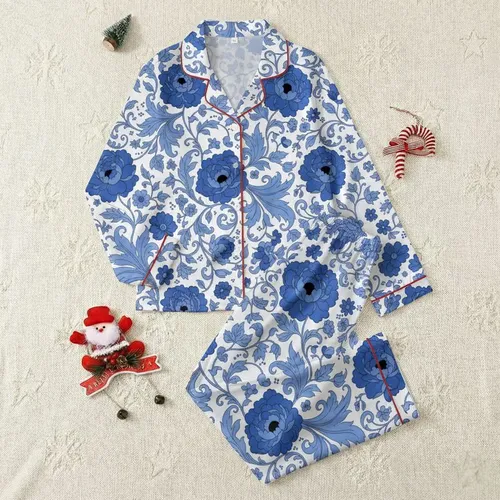 Women's Elegant Cobalt Blue & Sky Blue Peony Acanthus Illustrative Floral Vine Pattern with Crisp Black Outlines Satin Pajamas Set