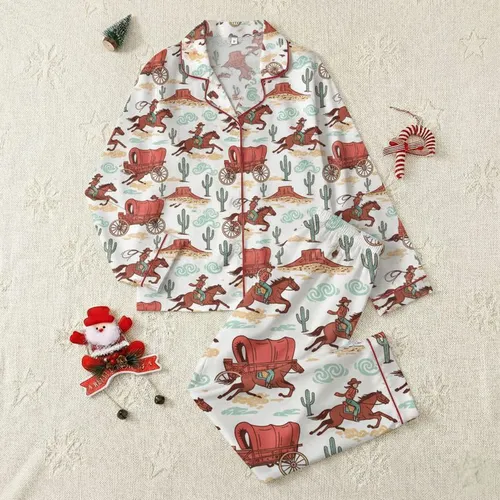 Western Style Enthusiasts' Vibrant Hand-Drawn Vintage Desert Scene with Galloping Cowboys, Red Wagons & Teal Saguaro Cacti Satin Pajamas Set