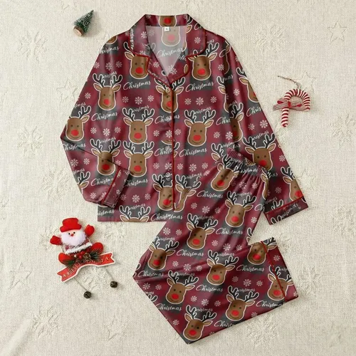 Women's Deep Red Charcoal Plaid Stylized Reindeer Red Noses White Snowflakes Christmas Script Satin Pajamas Set