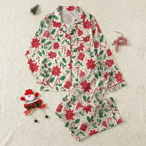 Women's Light Cream Illustrative Festive Red & Green Poinsettia Holly Candy Cane Gift Box Pattern Satin Pajamas Set