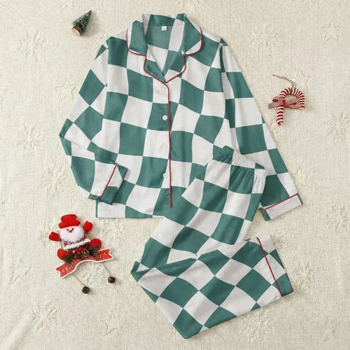 Women's Muted Dusty Teal Green White Distressed Organic Checkerboard Pattern Satin Pajamas Set