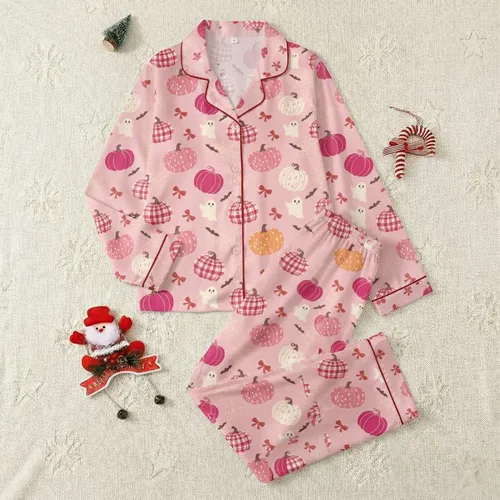 Women's Whimsical Hand-Drawn Pastel Pink Pumpkin Ghost Bat Spiderweb Pattern with Magenta & Fuchsia Accents Satin Pajamas Set