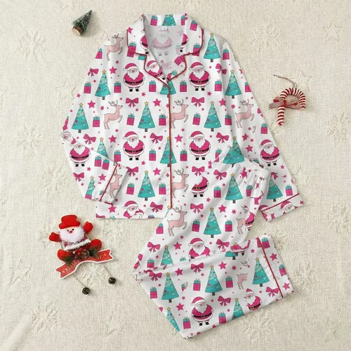 Women's Whimsical Fuchsia Pink Santa Teal Aqua Tree Light Pink Reindeer All-Over Holiday Pattern Satin Pajamas Set