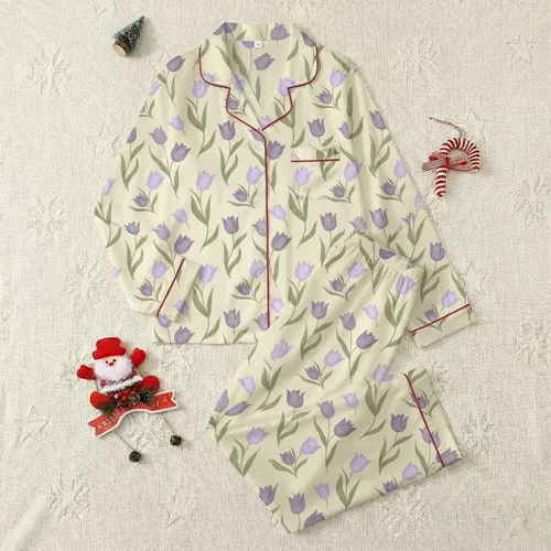 Women's Vintage Flat Illustrative Tulip & Foliage Pattern Creamy Yellow Lavender Satin Pajamas Set
