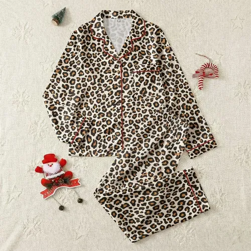 Women's Sophisticated Creamy Tan Earthy Brown Jet Black Flowing Leopard Rosette Motif Satin Pajamas Set