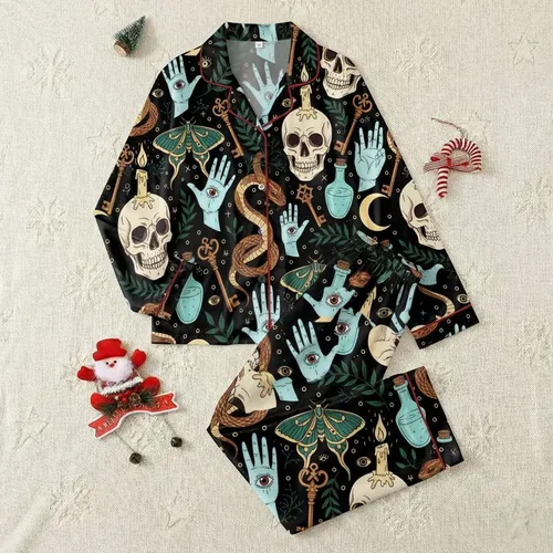 Women's Deep Black Intricate Vintage Gothic Skull Viper Luna Moth Key Aqua Gold & Cream Pattern Satin Pajamas Set
