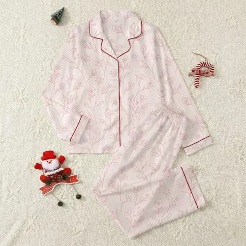 Women's Soft Blush Pink Tone-on-Tone Serene Minimalist Botanical Pattern Satin Pajamas Set