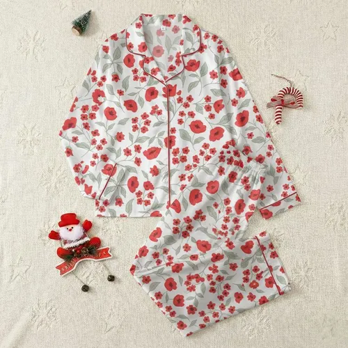 Women's Vibrant Poppy Red Bell-Shaped Flowers & Delicate Blossoms Botanical Print on Pure White Satin Pajamas Set