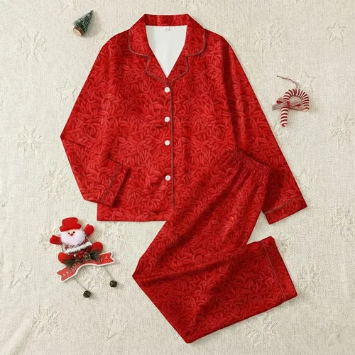 Women's Vibrant Warm Red Illustrative Micro-Textured Plush Intertwined Fiber Pattern with Tonal Red-Brown and Orange Accents Satin Pajamas Set