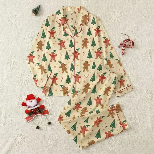Holiday Enthusiasts' Whimsical Hand-Drawn Gingerbread, Forest Green Christmas Tree, Golden Star & Candy Cane Pattern on Creamy Champagne Satin Pajamas Set