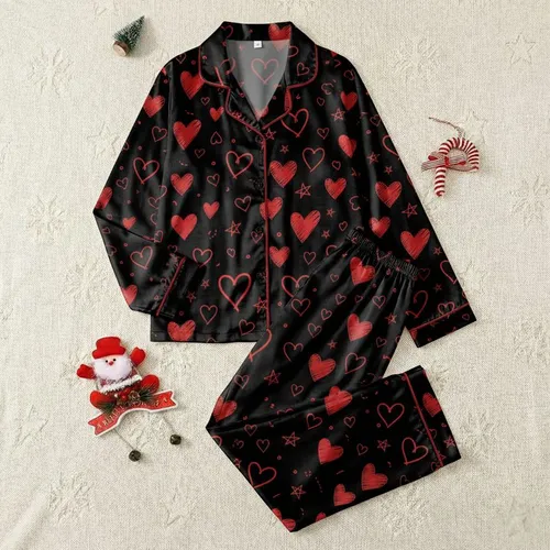 Women's Playful Deep Black Crimson Red Hand-Drawn Scattered Hearts & Star Doodles Satin Pajamas Set