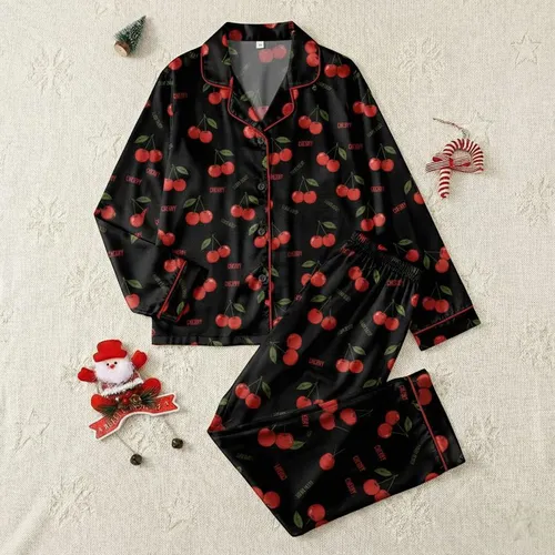 Women's Illustrative Bright Red Cherry Olive Green Leaf Black All-Over Pattern Distressed Typography Satin Pajamas Set
