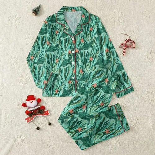 Women's Organic Teal Green Sea Turtle Coral Starfish Watercolor Marine Flora Satin Pajamas Set
