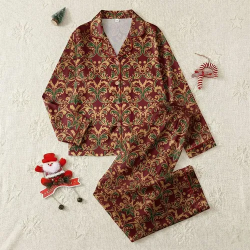 Women's Ornate Baroque Scrollwork in Antique Gold, Forest Green, Deep Burgundy Satin Pajamas Set