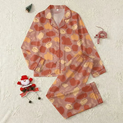 Women's Warm Dusty Rose Organic Cloud Terracotta Ember Pattern Satin Pajamas Set
