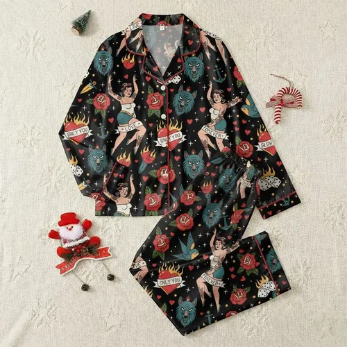Women's Vintage Pin-Up Tattoo Art Black Red Yellow Teal Rose Wolf Hearts Pattern Satin Pajamas Set
