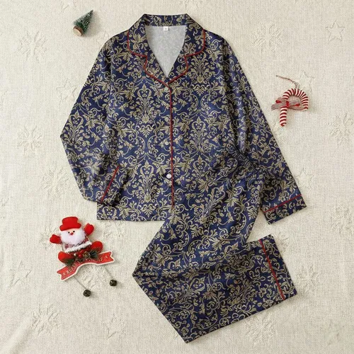 Women's Intricate Navy Blue Damask Muted Gold Taupe Floral Scrollwork Pattern Satin Pajamas Set