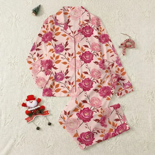 Women's Blush Peach Peony Rose Floral & Burnt Orange Leaf Watercolor Botanical Print Satin Pajamas Set