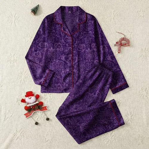 Women's Muted Plum & Deep Royal Purple Intricate Organic Floral Lace Pattern Satin Pajamas Set