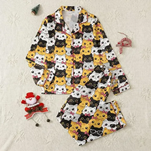 Women's Vibrant Kawaii Cartoon Cat Faces All-Over Pattern with Pink Bows & Sunglasses Satin Pajamas Set