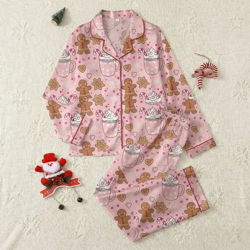 Women's Sweet Pink Gingerbread Hot Cocoa Candy Cane Whimsical Winter Pattern Satin Pajamas Set