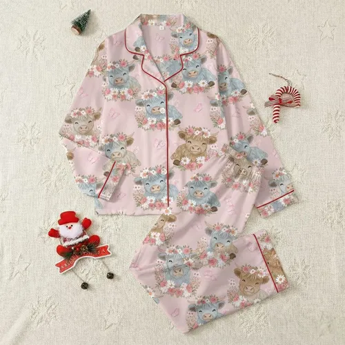 Women's Whimsical Fluffy Baby Highland Cows, Pink Daisies, Rose Blossoms, Fuchsia Butterflies on Pale Rose Pink Satin Pajamas Set